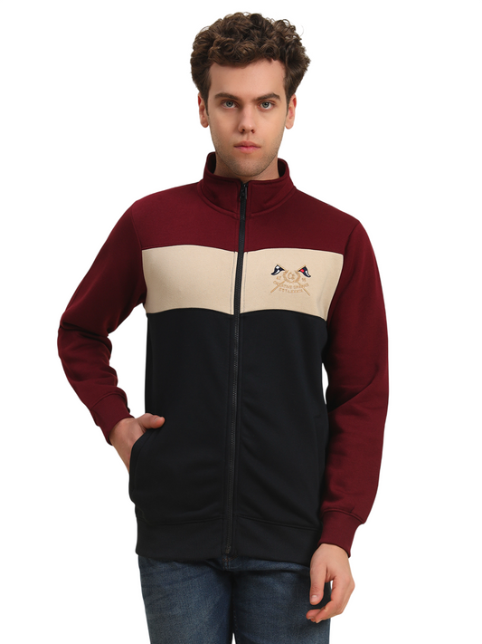 Sweatshirt for Men | Winter Wear Fleece Fabric Zipper Closure Mock Neck Regular Fit Colour Block Pattern