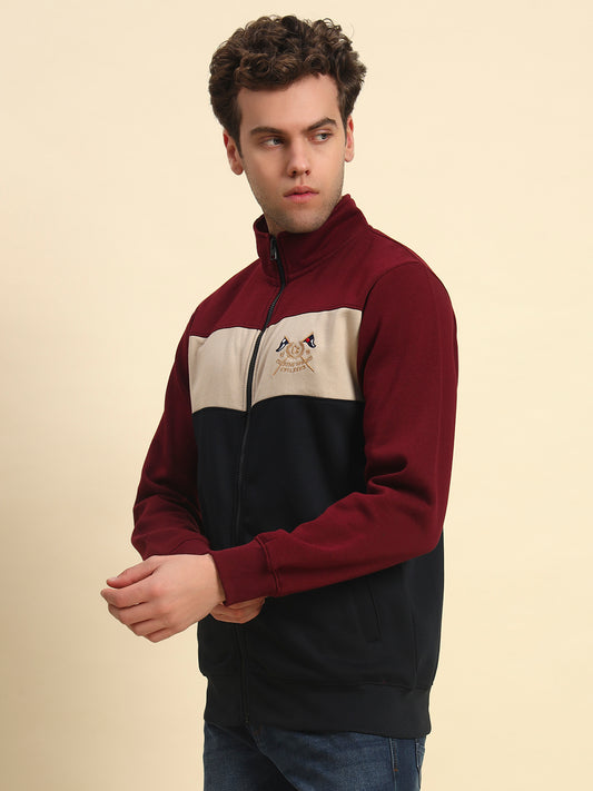 Sweatshirt for Men | Winter Wear Fleece Fabric Zipper Closure Mock Neck Regular Fit Colour Block Pattern