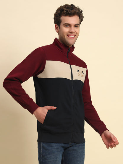 Sweatshirt for Men | Winter Wear Fleece Fabric Zipper Closure Mock Neck Regular Fit Colour Block Pattern