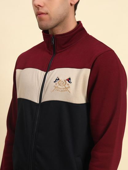 Sweatshirt for Men | Winter Wear Fleece Fabric Zipper Closure Mock Neck Regular Fit Colour Block Pattern