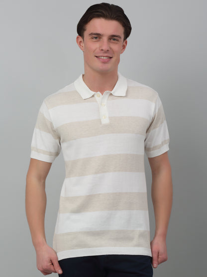 Men's Ivory Stripe Polo neck Half Sleeve Flatknit T-Shirt