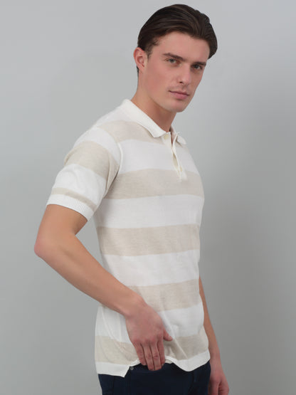 Men's Ivory Stripe Polo neck Half Sleeve Flatknit T-Shirt