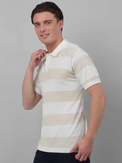 Men's Ivory Stripe Polo neck Half Sleeve Flatknit T-Shirt