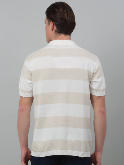 Men's Ivory Stripe Polo neck Half Sleeve Flatknit T-Shirt