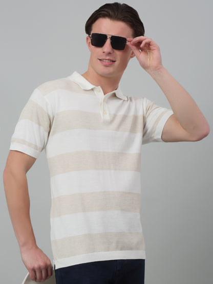 Men's Ivory Stripe Polo neck Half Sleeve Flatknit T-Shirt