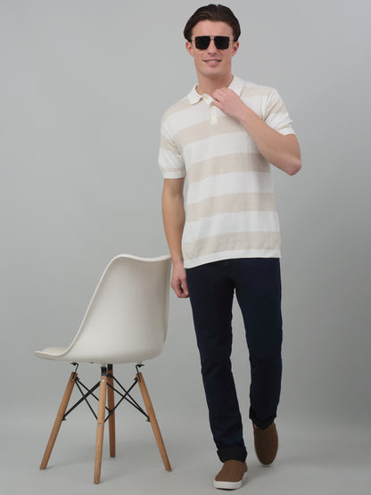 Men's Ivory Stripe Polo neck Half Sleeve Flatknit T-Shirt