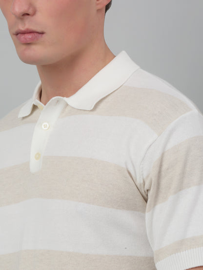 Men's Ivory Stripe Polo neck Half Sleeve Flatknit T-Shirt