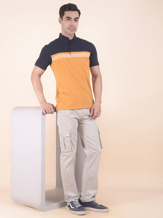 T-Shirt for Men | Breathable & Soft with Color Fastness Regular Fit Mandarin Neck Poly Cotton Fabric Colourblocked Pattern
