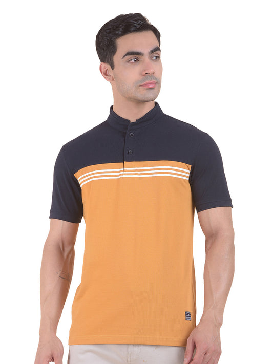 T-Shirt for Men | Breathable & Soft with Color Fastness Regular Fit Mandarin Neck Poly Cotton Fabric Colourblocked Pattern