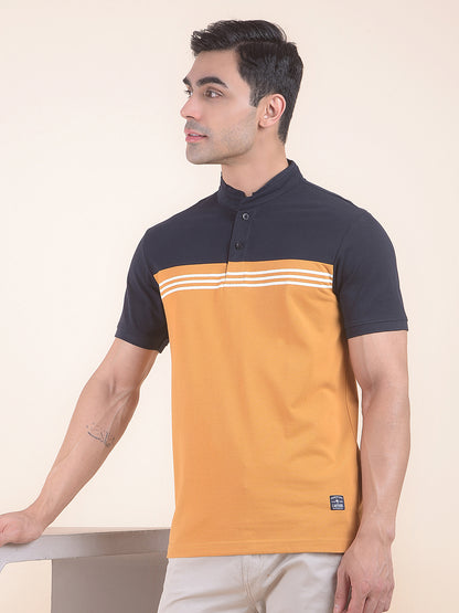 T-Shirt for Men | Breathable & Soft with Color Fastness Regular Fit Mandarin Neck Poly Cotton Fabric Colourblocked Pattern