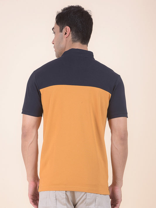 T-Shirt for Men | Breathable & Soft with Color Fastness Regular Fit Mandarin Neck Poly Cotton Fabric Colourblocked Pattern