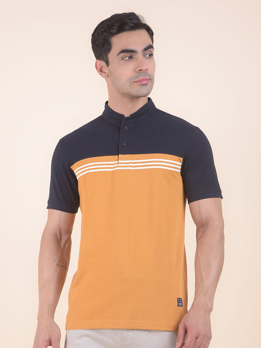 T-Shirt for Men | Breathable & Soft with Color Fastness Regular Fit Mandarin Neck Poly Cotton Fabric Colourblocked Pattern