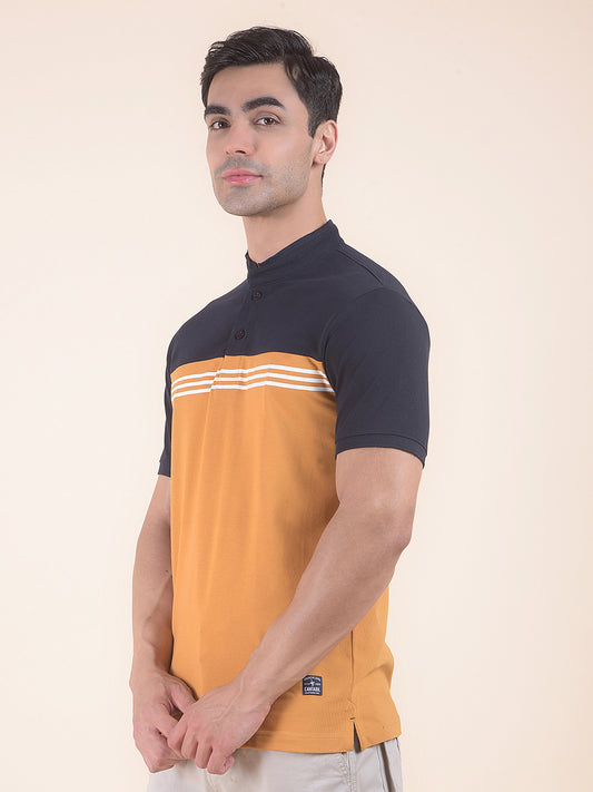 T-Shirt for Men | Breathable & Soft with Color Fastness Regular Fit Mandarin Neck Poly Cotton Fabric Colourblocked Pattern