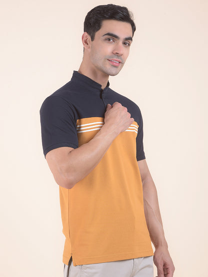 T-Shirt for Men | Breathable & Soft with Color Fastness Regular Fit Mandarin Neck Poly Cotton Fabric Colourblocked Pattern