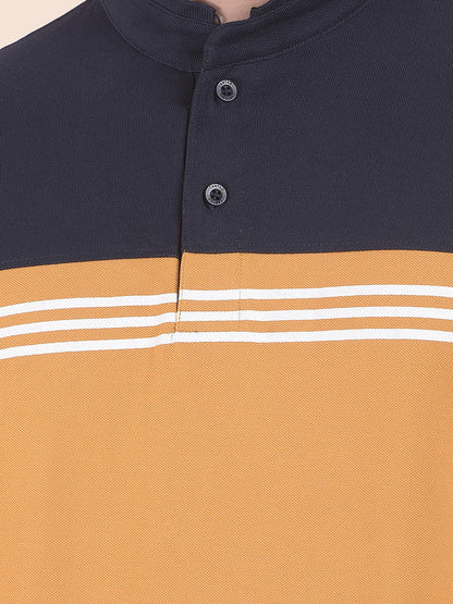 T-Shirt for Men | Breathable & Soft with Color Fastness Regular Fit Mandarin Neck Poly Cotton Fabric Colourblocked Pattern