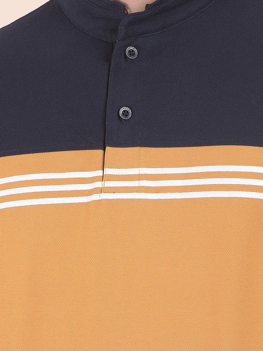 T-Shirt for Men | Breathable & Soft with Color Fastness Regular Fit Mandarin Neck Poly Cotton Fabric Colourblocked Pattern