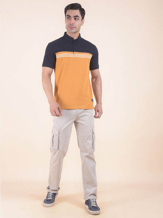T-Shirt for Men | Breathable & Soft with Color Fastness Regular Fit Mandarin Neck Poly Cotton Fabric Colourblocked Pattern