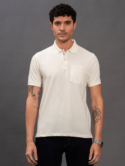 Men's Ivory Regular Fit Solid Half Sleeve Casual T-Shirt