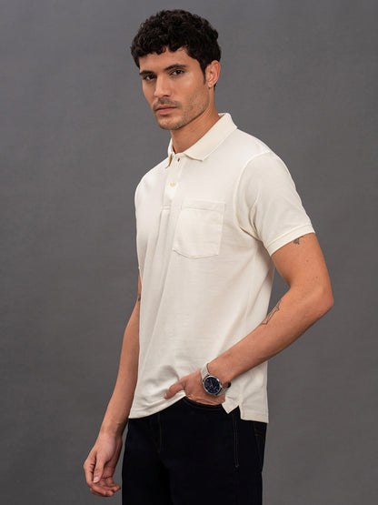 Men's Ivory Regular Fit Solid Half Sleeve Casual T-Shirt