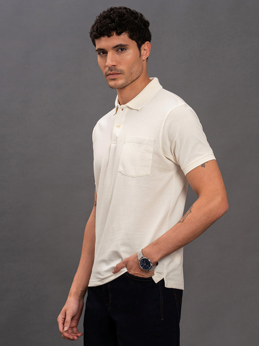 Men's Ivory Regular Fit Solid Half Sleeve Casual T-Shirt