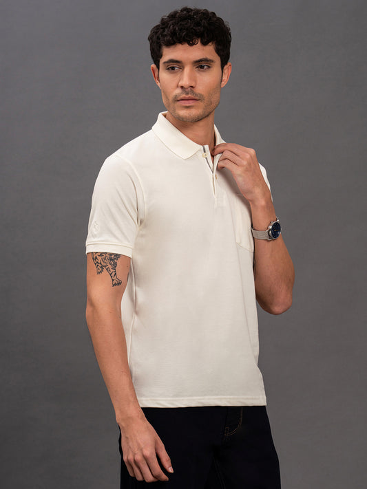Men's Ivory Regular Fit Solid Half Sleeve Casual T-Shirt