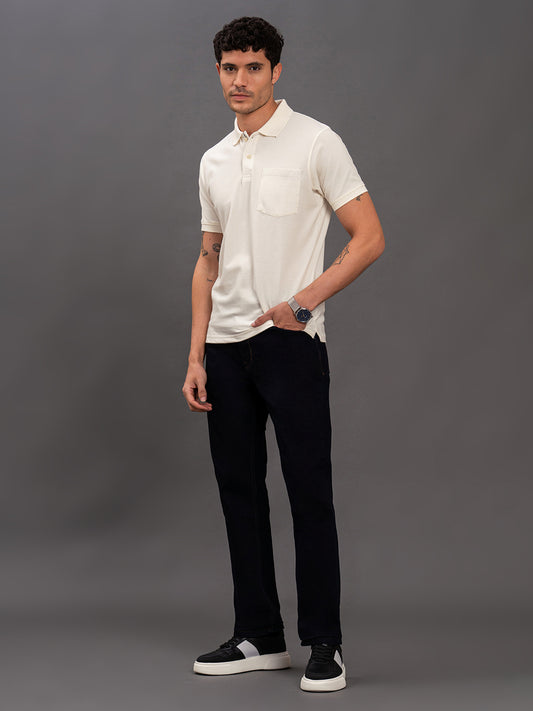 Men's Ivory Regular Fit Solid Half Sleeve Casual T-Shirt