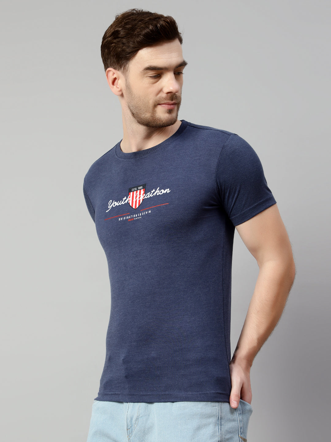 Cantabil Men Blue Melange T-Shirt (7113888956555)