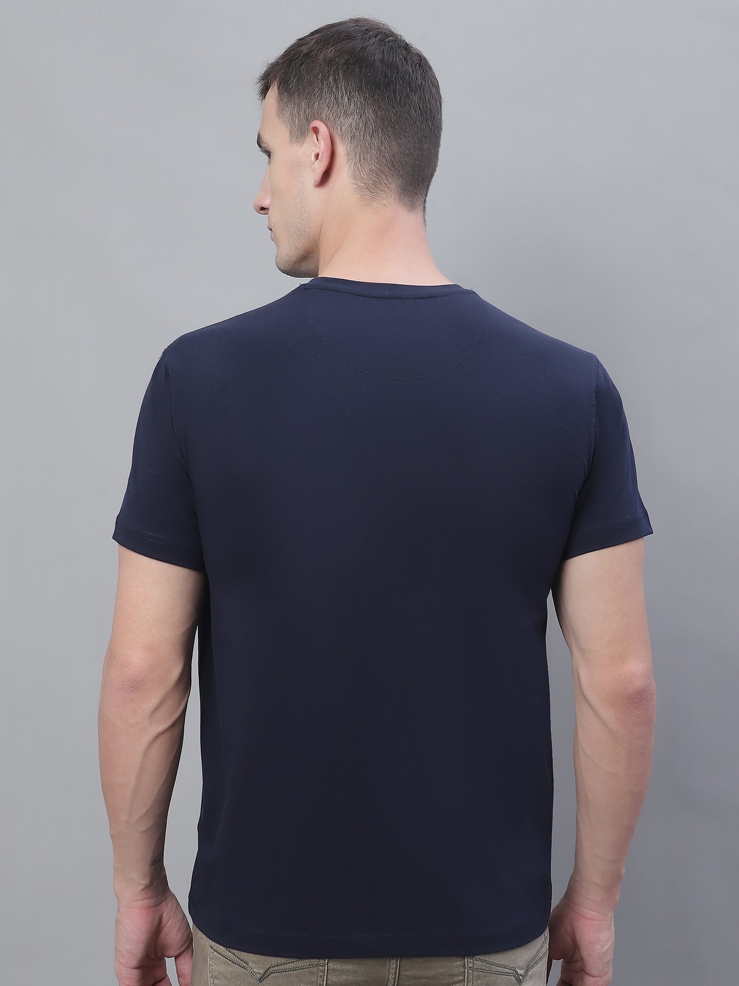 Cantabil Men Navy Blue Round Neck T-Shirt (7136115097739)