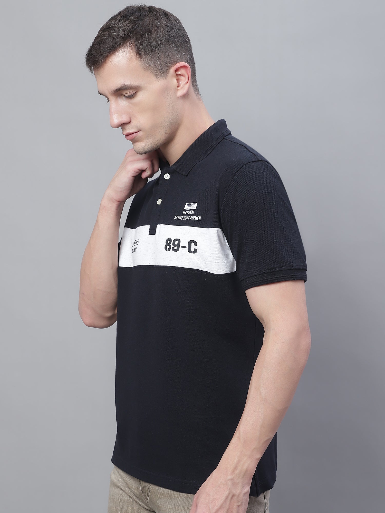 Cantabil Men Navy Blue Polo Neck T-Shirt (7136116342923)