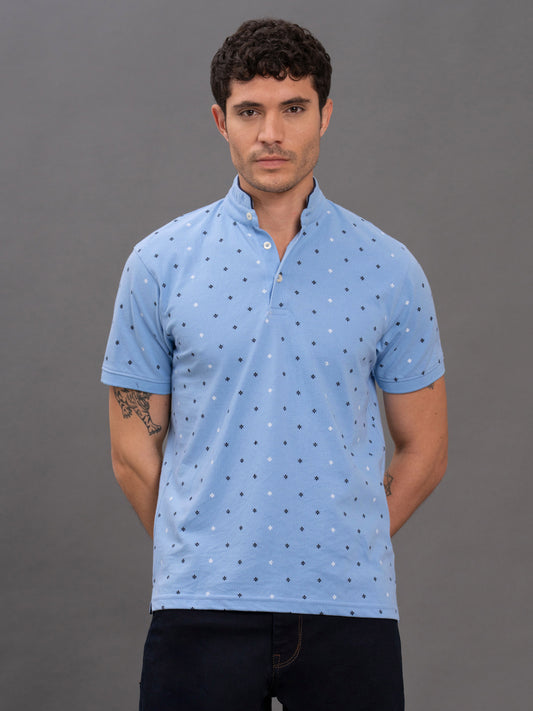 Men's Sky Blue Regular Fit Printed Half Sleeve Casual T-Shirt