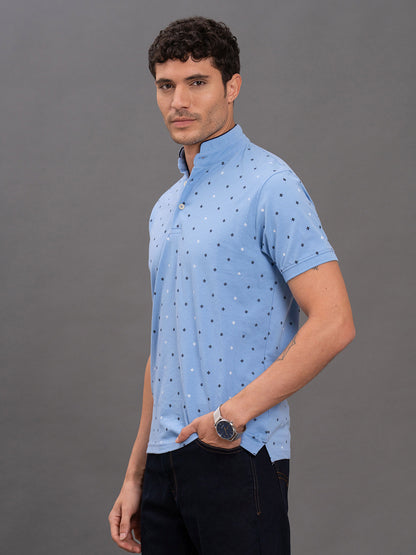 Men's Sky Blue Regular Fit Printed Half Sleeve Casual T-Shirt