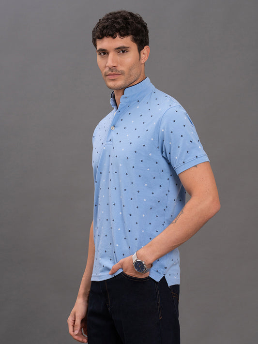 Men's Sky Blue Regular Fit Printed Half Sleeve Casual T-Shirt