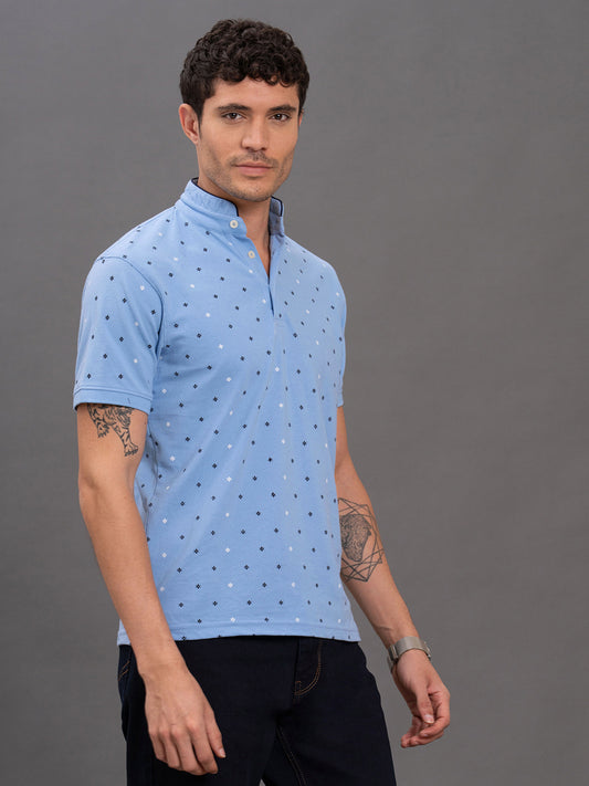 Men's Sky Blue Regular Fit Printed Half Sleeve Casual T-Shirt