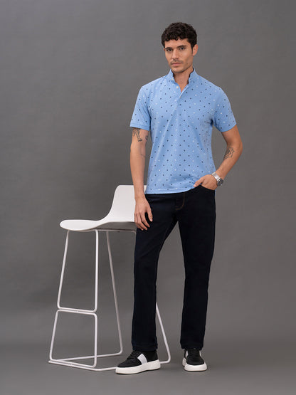 Men's Sky Blue Regular Fit Printed Half Sleeve Casual T-Shirt