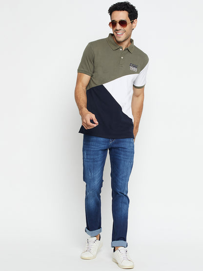 Men Olive Color Block Half Sleeves Spread Collar Casual T-Shirt