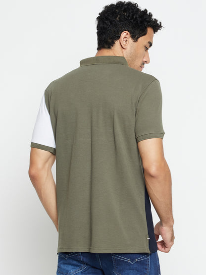 Men Olive Color Block Half Sleeves Spread Collar Casual T-Shirt