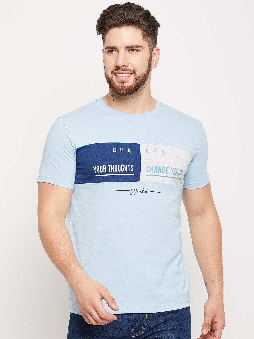 Cantabil Men Sky Blue Round Neck T-Shirt (7135106072715)