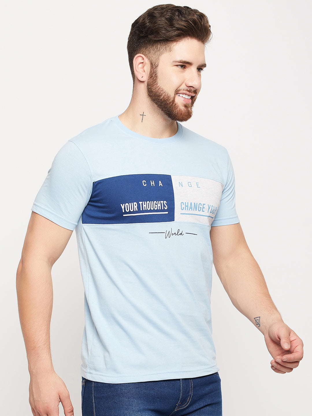 Cantabil Men Sky Blue Round Neck T-Shirt (7135106072715)