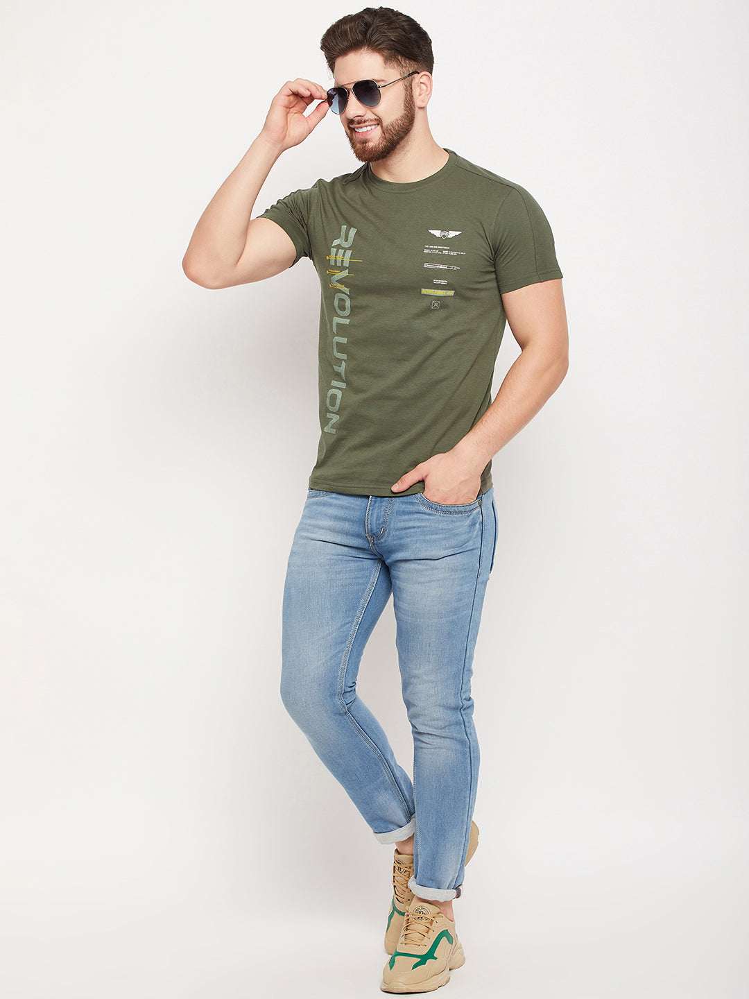 Cantabil Men Olive Round Neck T-Shirt (7135108530315)