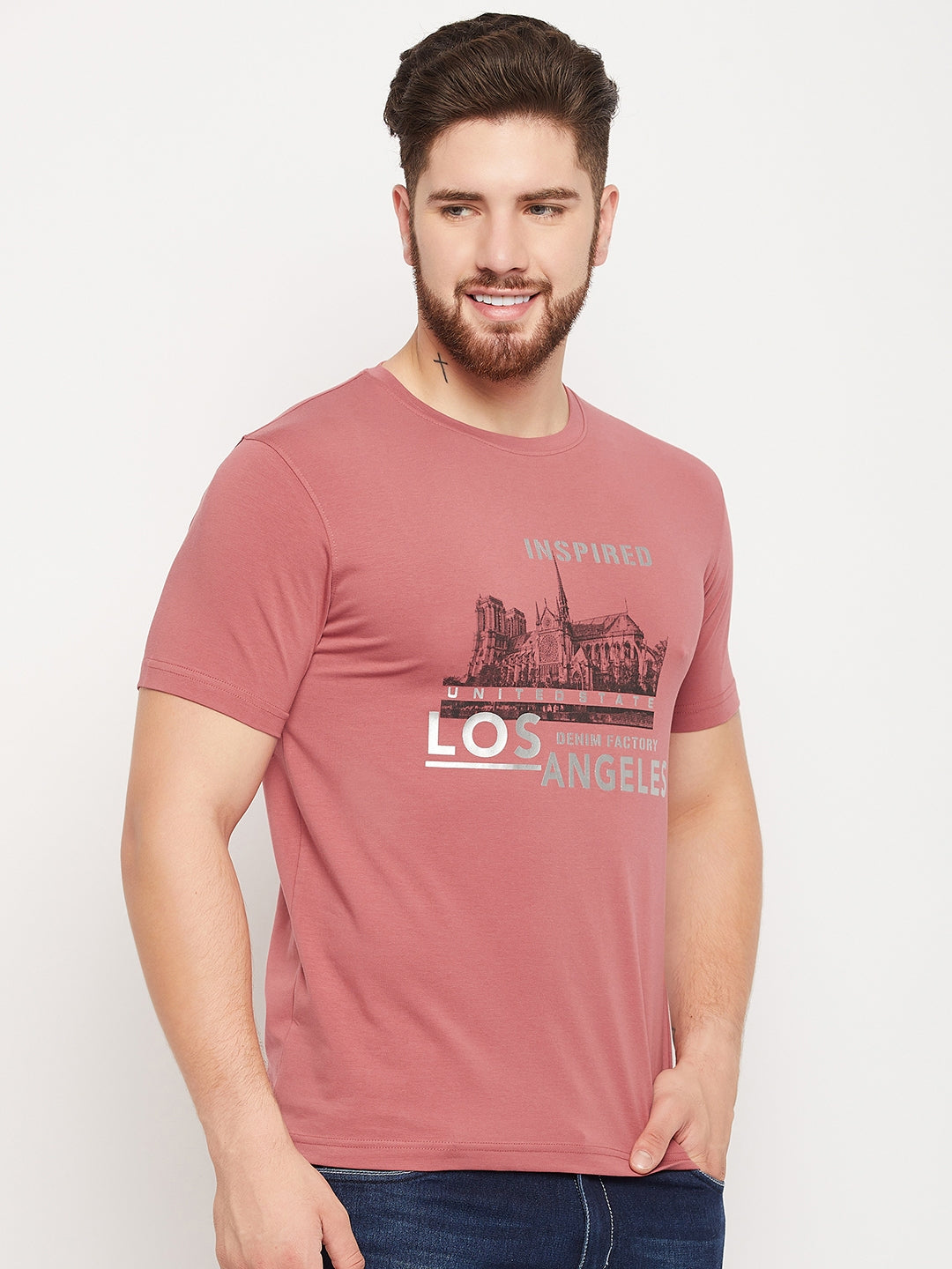 Cantabil Men Dark Pink Round Neck T-Shirt (7135129436299)