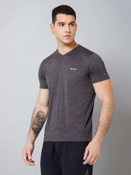 Regular Fit Solid V-Neck Half Sleeve Grey Melange Active Wear T-Shirt for Men