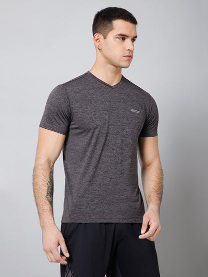 Regular Fit Solid V-Neck Half Sleeve Grey Melange Active Wear T-Shirt for Men