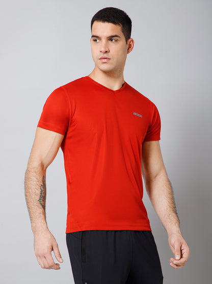 Regular Fit Solid V Neck Half Sleeve Red Active Wear T-Shirt for Men