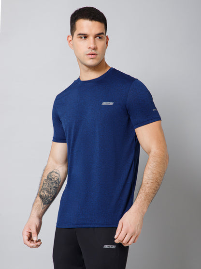 Regular Fit Solid Round Neck Half Sleeve Blue Active Wear T-Shirt for Men