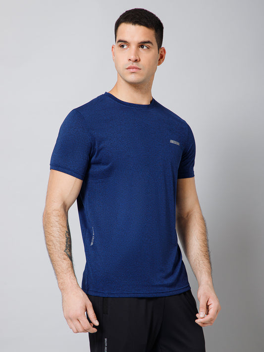 Regular Fit Solid Round Neck Half Sleeve Blue Active Wear T-Shirt for Men