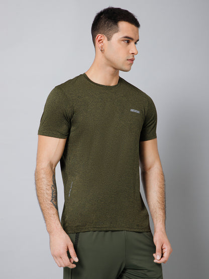 Regular Fit Solid Round Neck Half Sleeve Olive Active Wear T-Shirt for Men