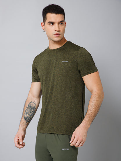 Regular Fit Solid Round Neck Half Sleeve Olive Active Wear T-Shirt for Men