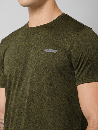 Regular Fit Solid Round Neck Half Sleeve Olive Active Wear T-Shirt for Men