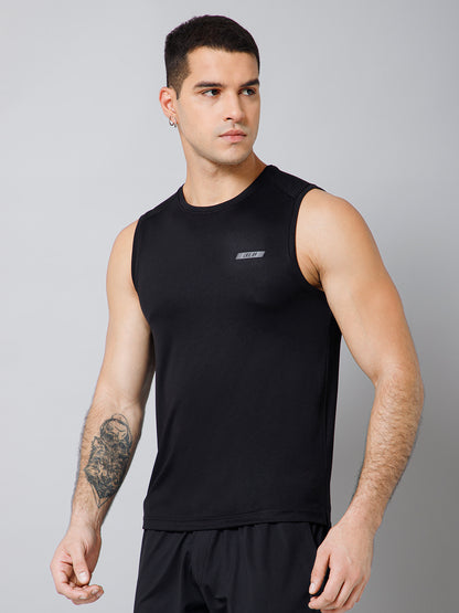 Regular Fit Solid Round Neck Sleeveless Black Active Wear T-Shirt for Men