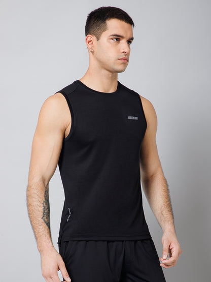 Regular Fit Solid Round Neck Sleeveless Black Active Wear T-Shirt for Men